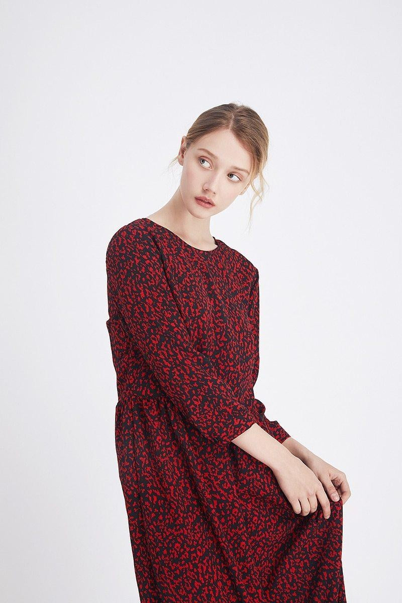 Leopard Print Midi Dress - 3/4 Sleeve Dress With Ruffle Hem