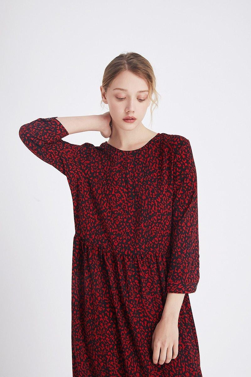 Leopard Print Midi Dress - 3/4 Sleeve Dress With Ruffle Hem