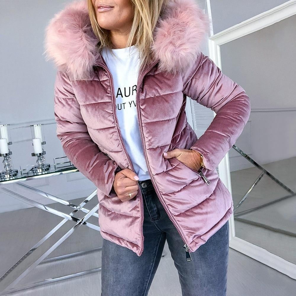 Velvet Puffer Jacket With Fur Hood