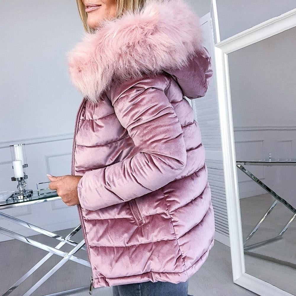 Velvet Puffer Jacket With Fur Hood