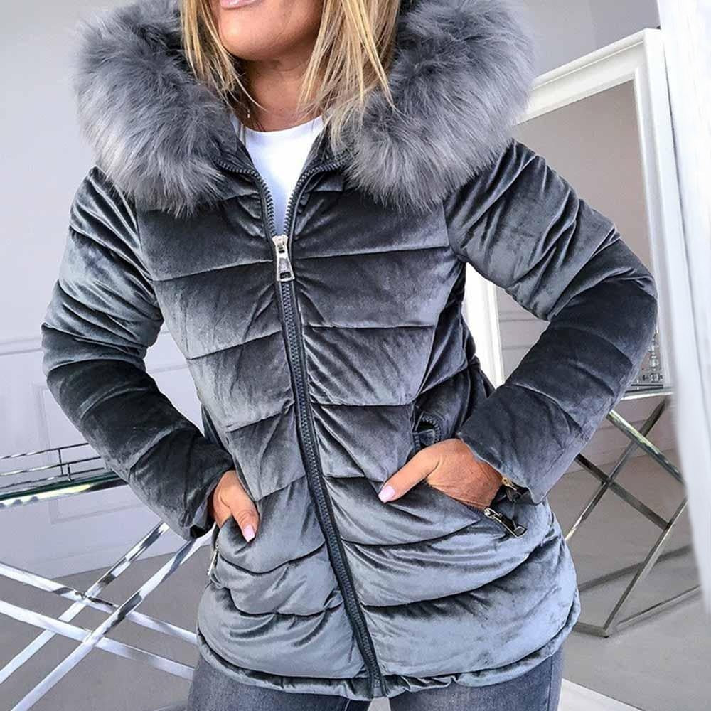 Velvet Puffer Jacket With Fur Hood