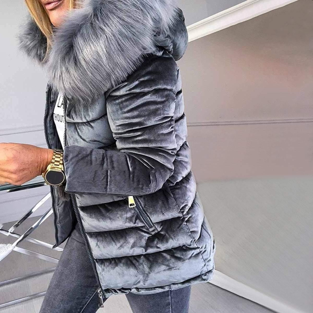 Velvet Puffer Jacket With Fur Hood