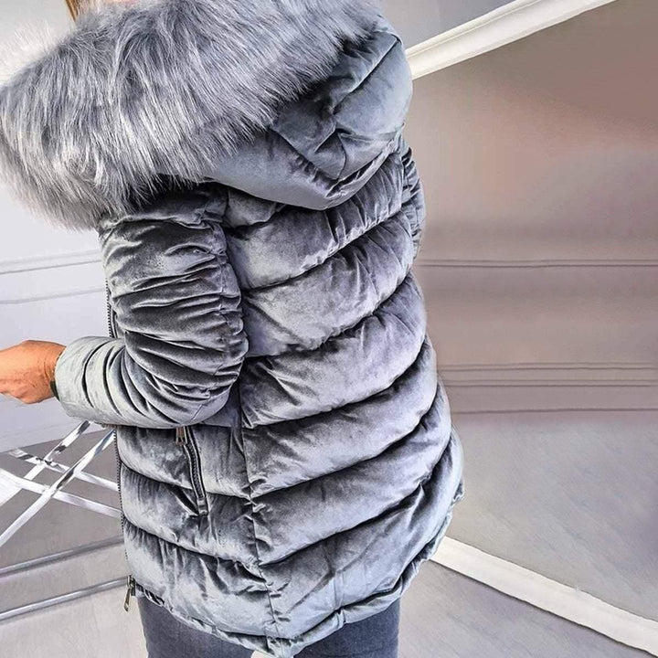 Velvet Puffer Jacket With Fur Hood