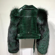 Croc Effect Leather Jacket With Faux Fur Sleeves