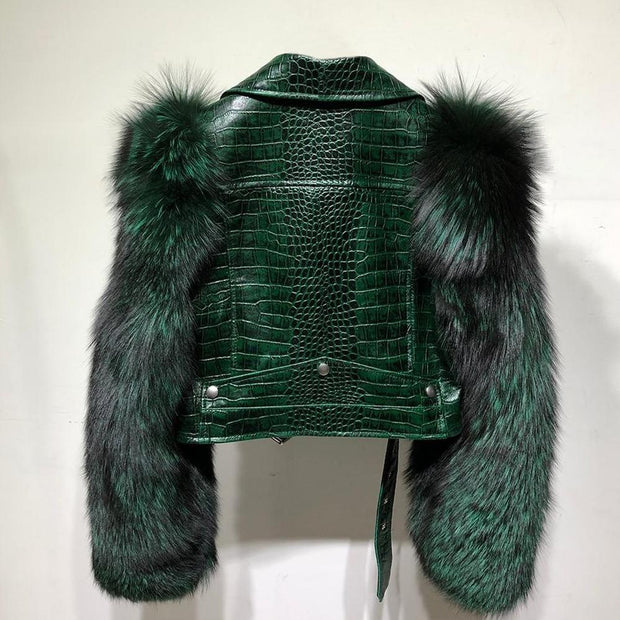 Croc Effect Leather Jacket With Faux Fur Sleeves