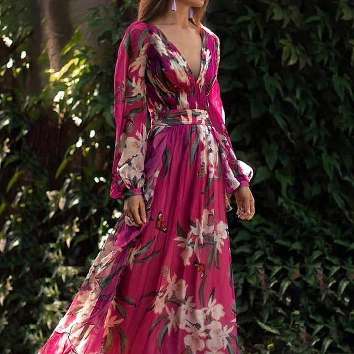 Plus Size Floral Print Chiffon Summer Maxi Dress With Long Sleeves - MomyMall