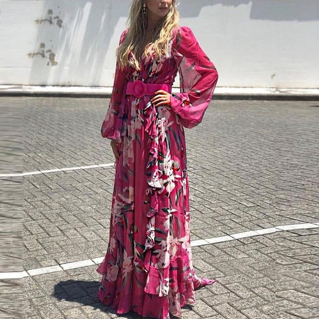 Plus Size Floral Print Chiffon Summer Maxi Dress With Long Sleeves - MomyMall PURPLE / S