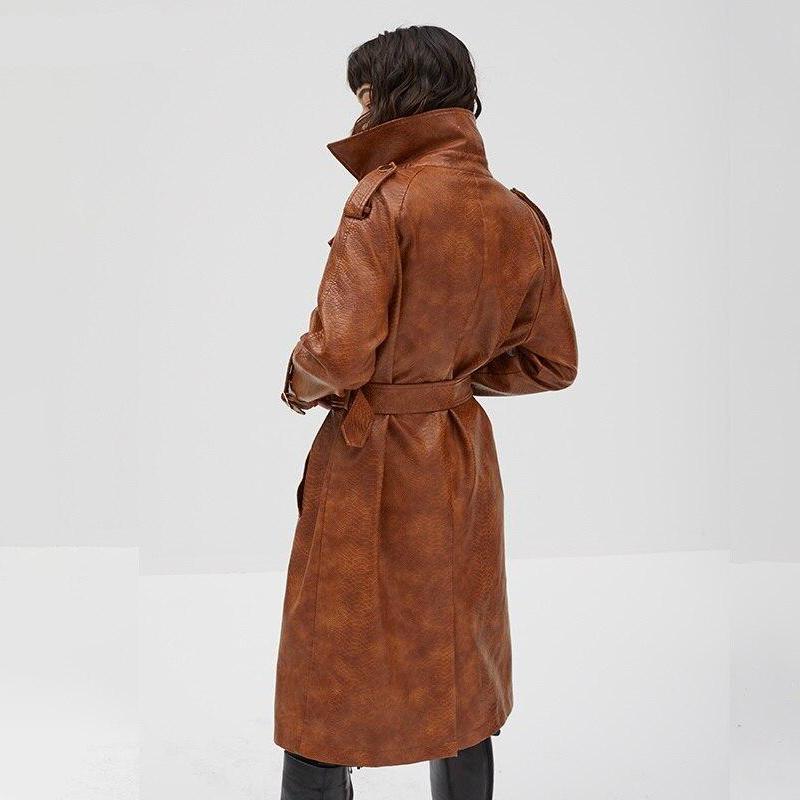 Croc Effect Double Breasted Faux Leather Trench Coat