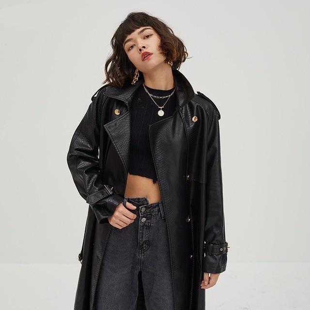 Croc Effect Double Breasted Faux Leather Trench Coat