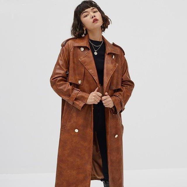 Croc Effect Double Breasted Faux Leather Trench Coat