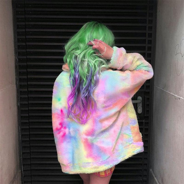 Rainbow Faux Fur Fluffy Jacket - Multicolour