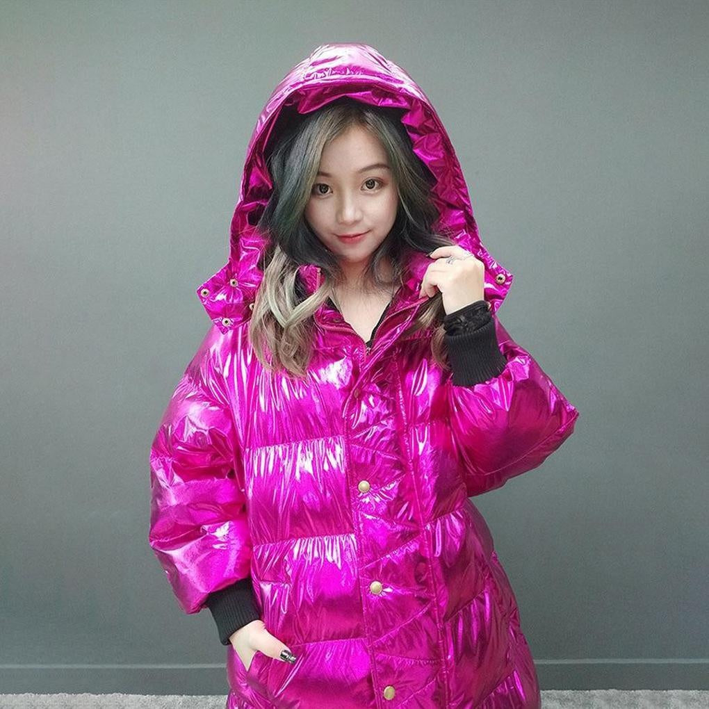 High Shine Puffer Jacket - Glossy Winter Long Hooded Puffer Jacket