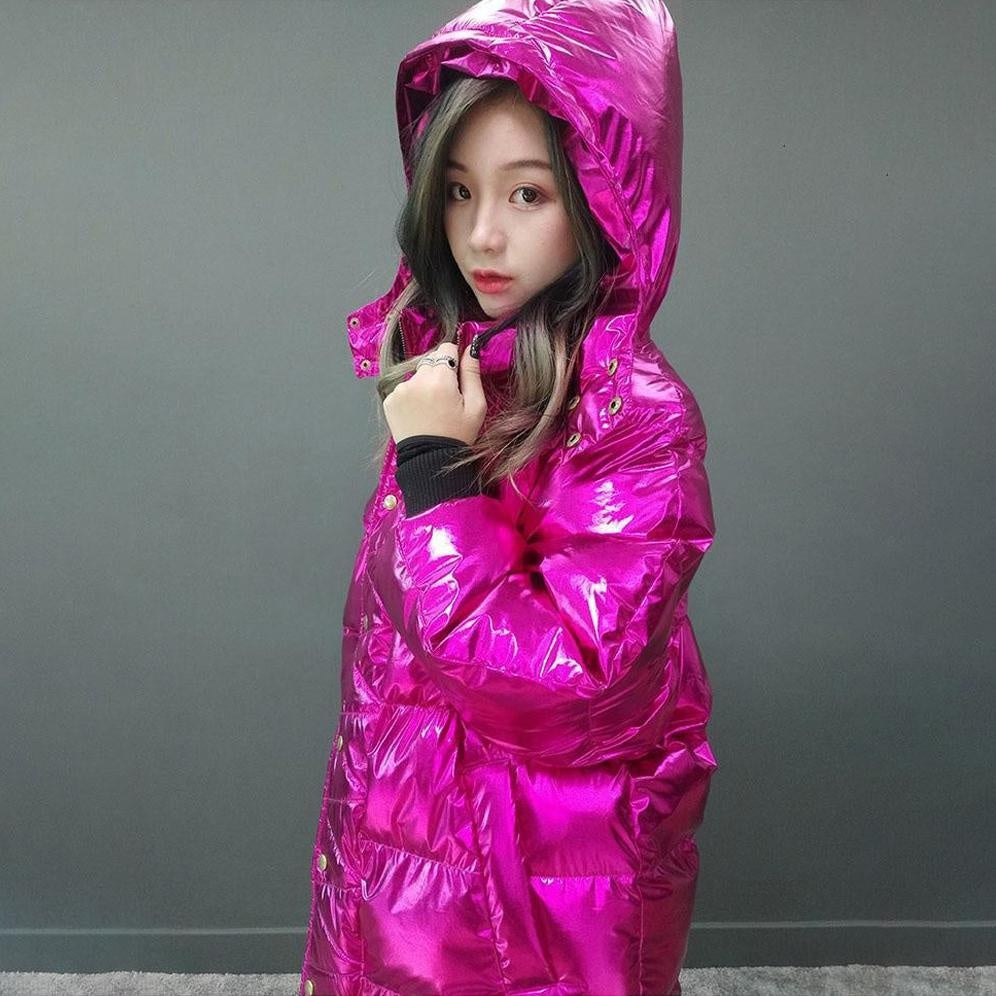 High Shine Puffer Jacket - Glossy Winter Long Hooded Puffer Jacket