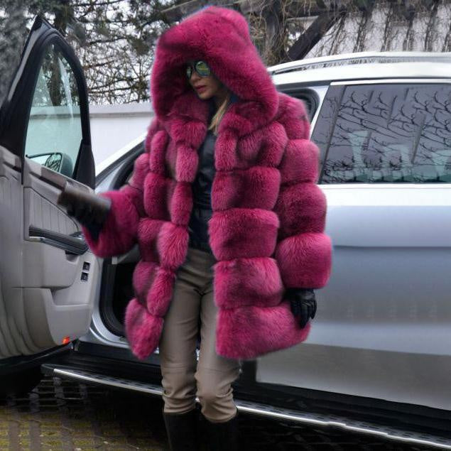 Winter Faux Fur Coat With Big Faux Fur Hood