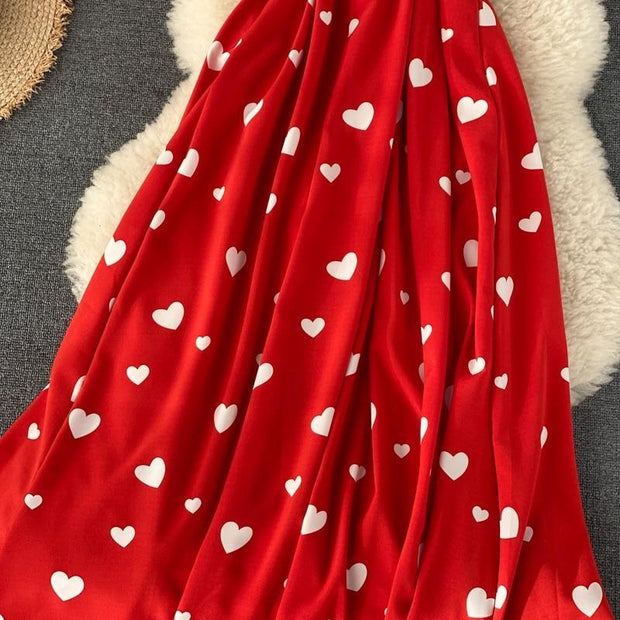 Heart Print Midi Dress - Wrap Waist Dress With Short Sleeves
