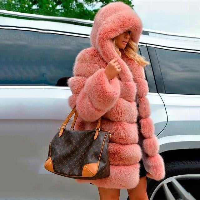 Winter Faux Fur Coat With Big Faux Fur Hood