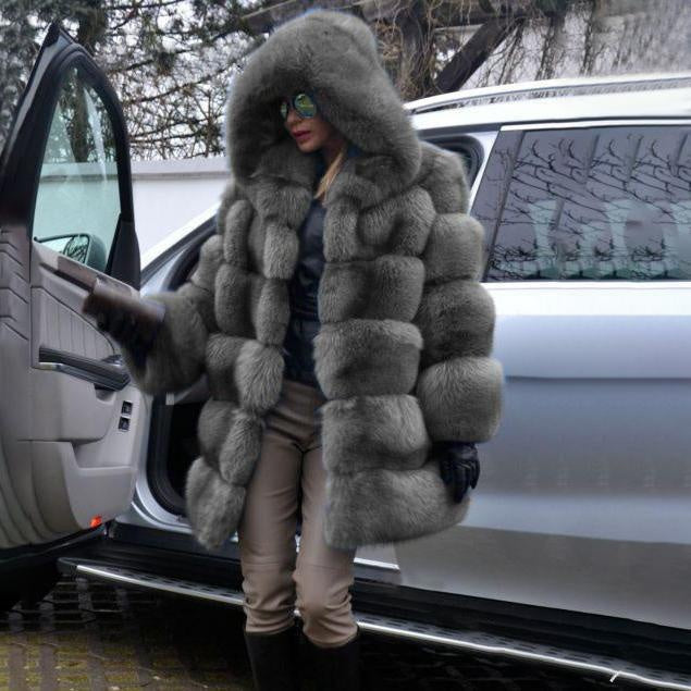 Winter Faux Fur Coat With Big Faux Fur Hood