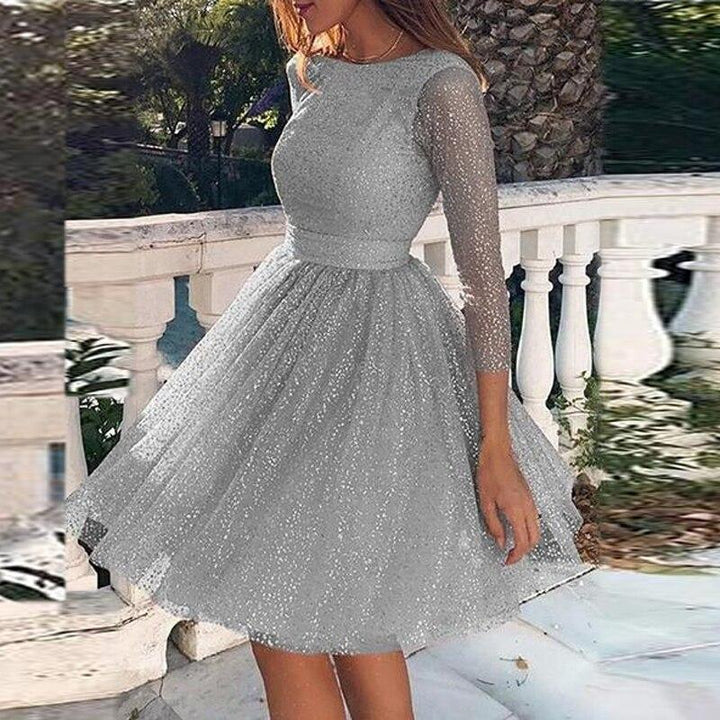 Backless Skater Mini Dress - Sequin Long Sleeve Dress - MomyMall GREY / S
