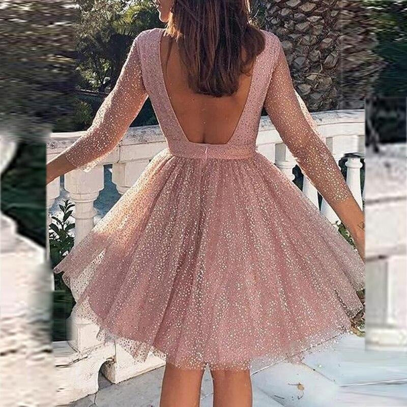 Backless Skater Mini Dress - Sequin Long Sleeve Dress - MomyMall