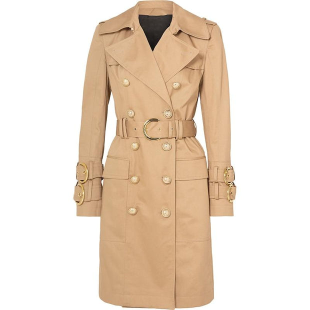 Double Breasted Belted Trench Coat With Lion Buttons