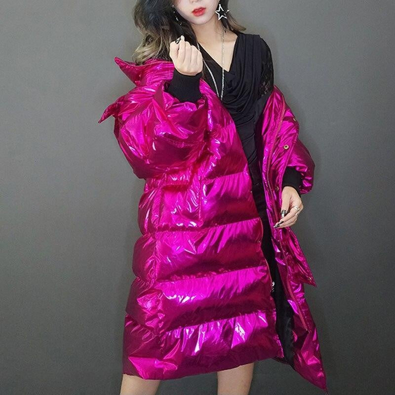 High Shine Puffer Jacket - Glossy Winter Long Hooded Puffer Jacket