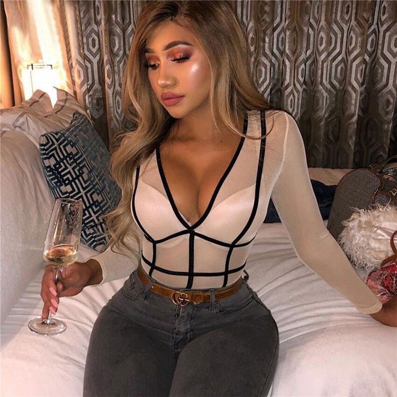 Sexy Women Sheer Mesh Lace Striped Print Bodysuit - MomyMall