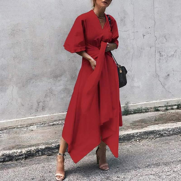 Plus Size Asymmetrical Midi Dress - 3/4 Sleeves With Tie Front Belt - MomyMall RED / S