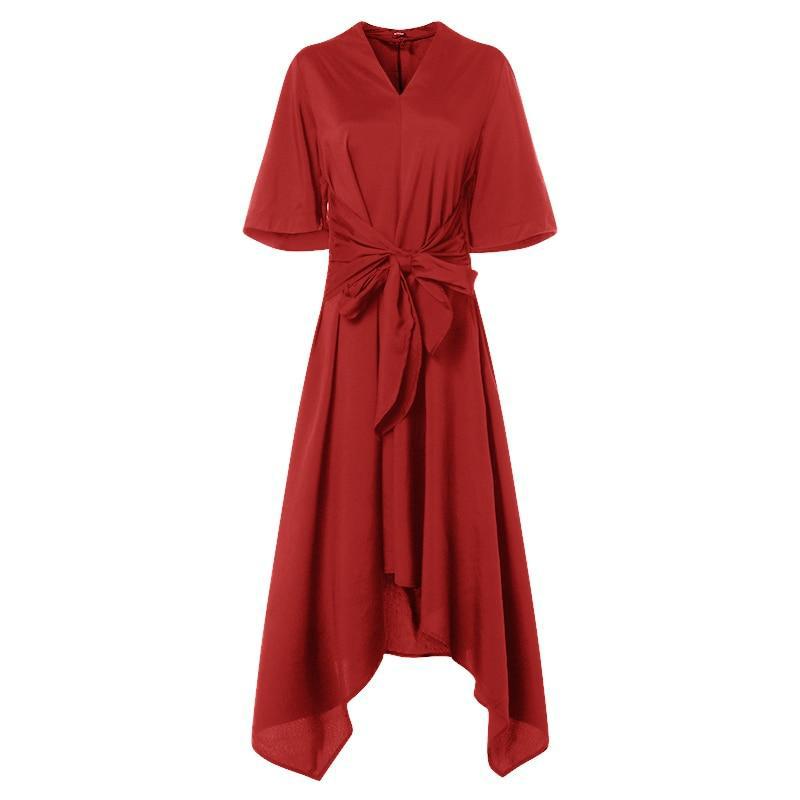 Plus Size Asymmetrical Midi Dress - 3/4 Sleeves With Tie Front Belt - MomyMall