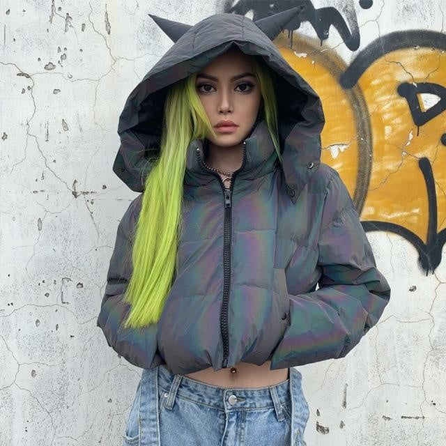 Reflective Puffer Jacket With Ears Hood