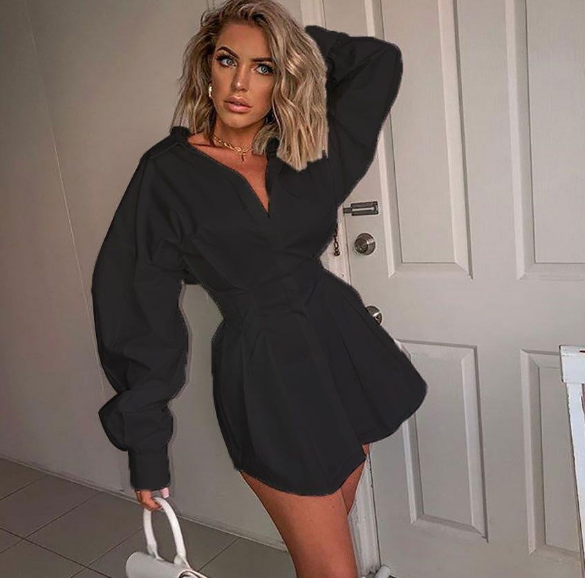 Long Sleeve Casual Shirt Dress - Deep V-Neck