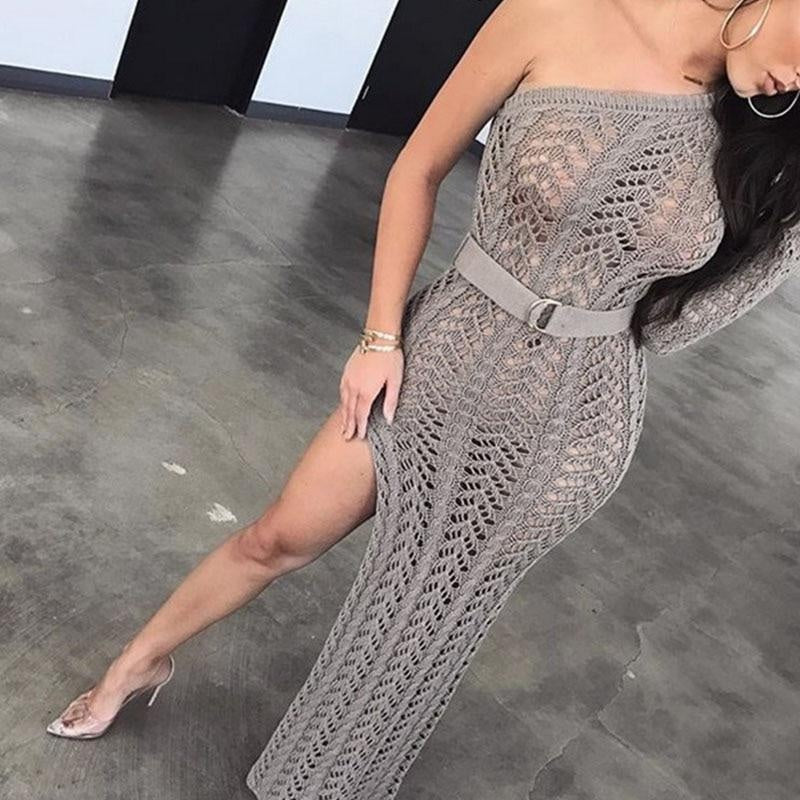 Knit Crochet Maxi Dress With Side Split - MomyMall GREY / S