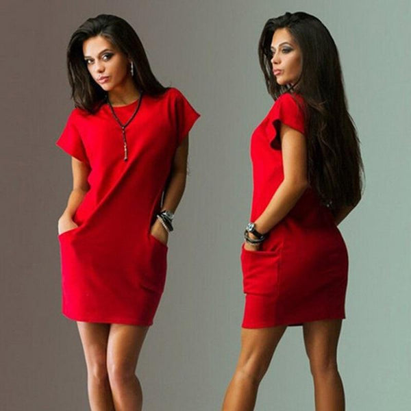 T-shirt Mini Dress With Pockets - Short Sleeve Summer Dress - MomyMall RED / S