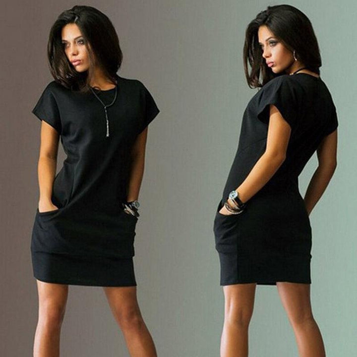 T-shirt Mini Dress With Pockets - Short Sleeve Summer Dress - MomyMall BLACK / S