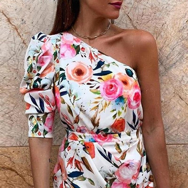One Shoulder Mini Dress - Floral Print Bodycon Dress - MomyMall