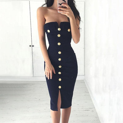 Strapless Bodycon Button Through Dress - MomyMall