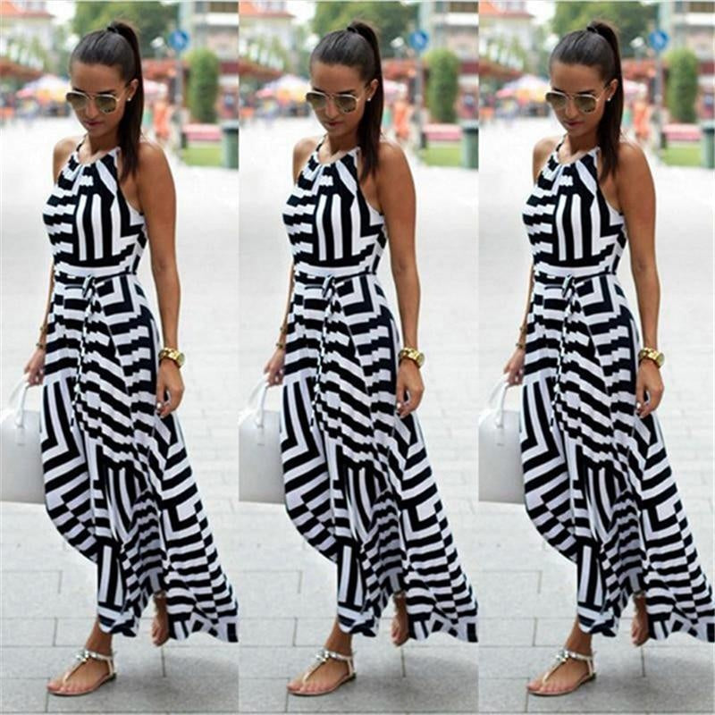 Striped Maxi Dress - Sleeveless Asymmetrical Dress