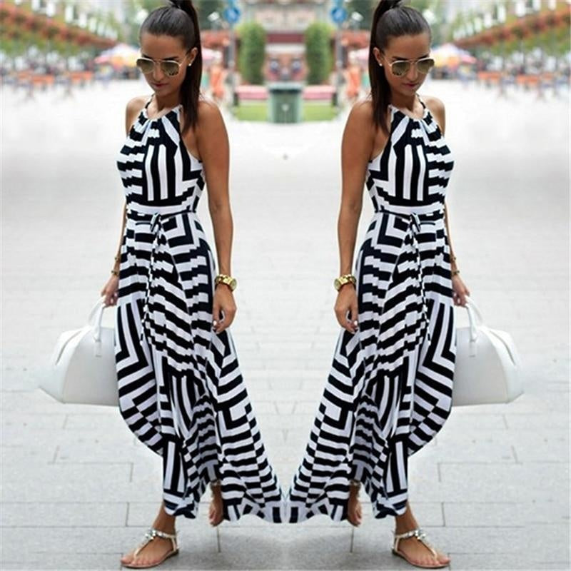 Striped Maxi Dress - Sleeveless Asymmetrical Dress