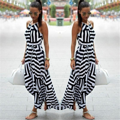 Striped Maxi Dress - Sleeveless Asymmetrical Dress