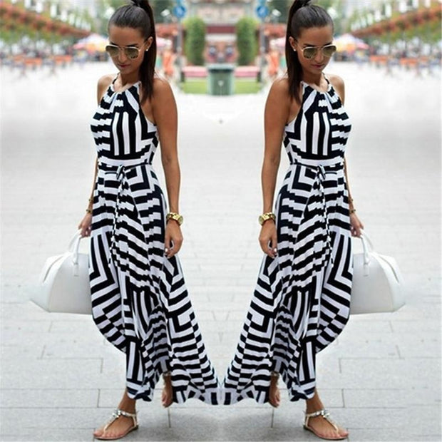 Striped Maxi Dress - Sleeveless Asymmetrical Dress