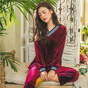 Velvet Pyjamas Set - Long Sleeve Top & Trousers Pyjama Set - MomyMall RED / M