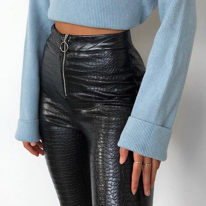 Faux Leather High Waist Leggings With Zip Closure - MomyMall