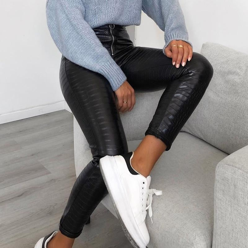 Faux Leather High Waist Leggings With Zip Closure - MomyMall