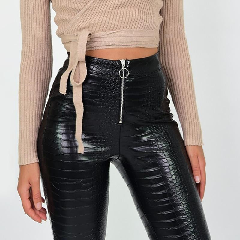 Faux Leather High Waist Leggings With Zip Closure - MomyMall