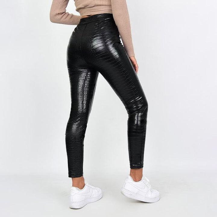 Faux Leather High Waist Leggings With Zip Closure - MomyMall