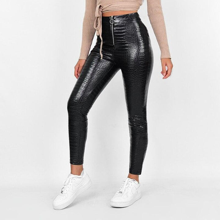 Faux Leather High Waist Leggings With Zip Closure - MomyMall BLACK / XS