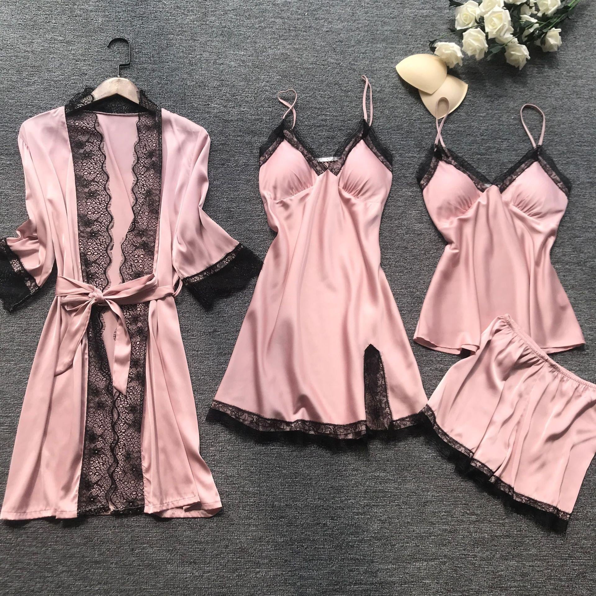 Satin Pyjama Set With Dressing Gown - Lace Trim - MomyMall PINK / S