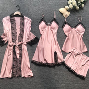 Satin Pyjama Set With Dressing Gown - Lace Trim - MomyMall PINK / S