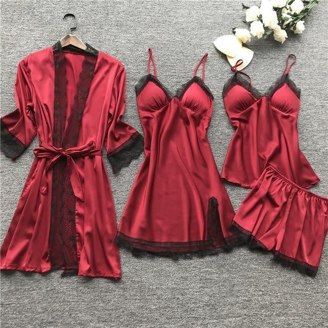 Satin Pyjama Set With Dressing Gown - Lace Trim - MomyMall RED / S
