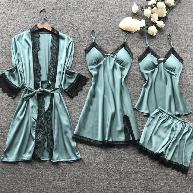 Satin Pyjama Set With Dressing Gown - Lace Trim - MomyMall GREEN / S