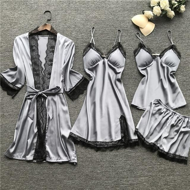 Satin Pyjama Set With Dressing Gown - Lace Trim - MomyMall GREY / S